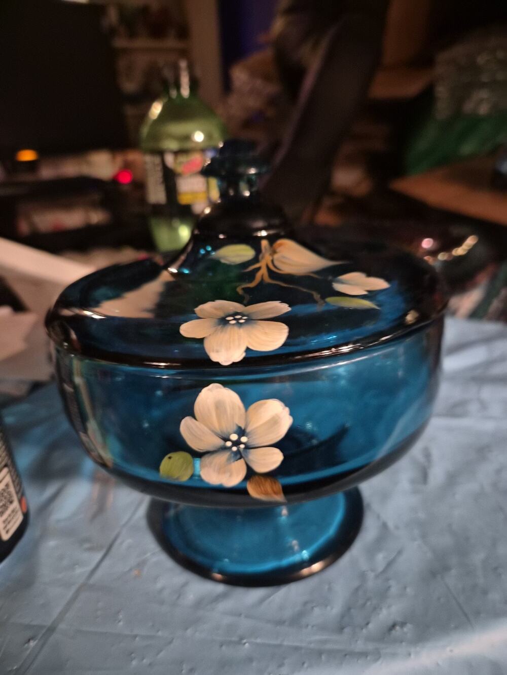 Vintage Fenton Art Glass Cobalt Blue Candy Compote Dish With Lid And Hand...